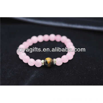 Natural 8MM Rosa Cuarzo Estiramiento Brazalete Con 8MM Ojo De Tigre / Semi Piedra Preciosa Pulsera